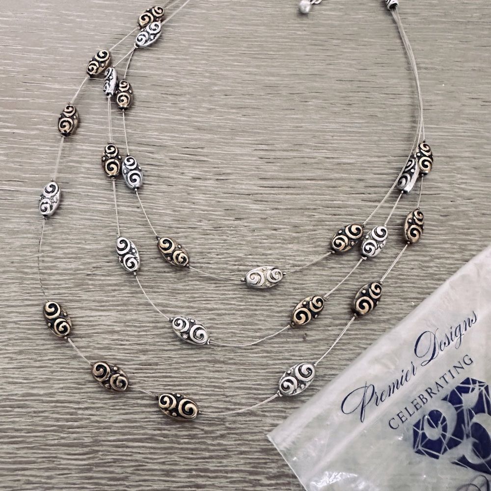 Premier Designs Gold Silver Scroll Bead Wire Illusion Necklace